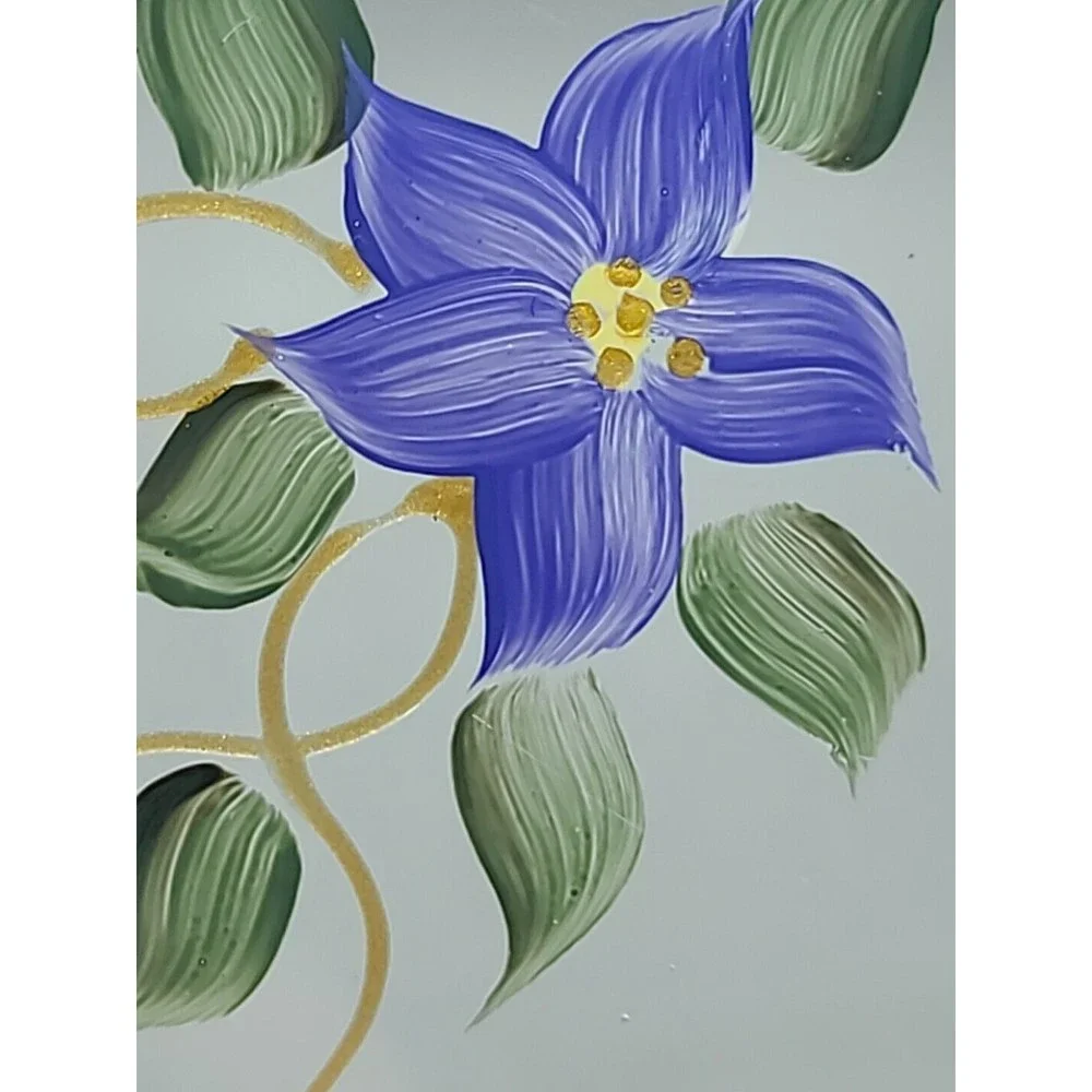 Art Glass Serving Dish Plate Signed Reverse Hand Painted Flowers Floral 9" - Picture 4 of 11